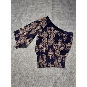 INTERI USA One Shoulder Smocked Waist Blouse Damask Print Navy Tan Size M